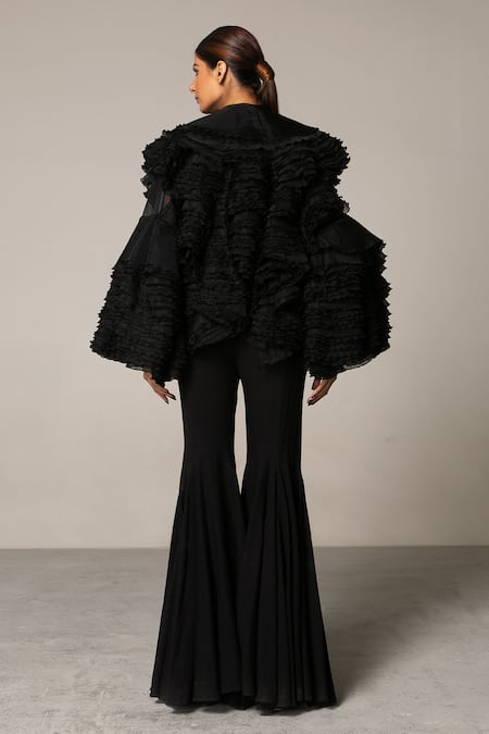 Shop_Siddartha Tytler_Black Organza Round Ruffle Jacket _at_Aza_Fashions