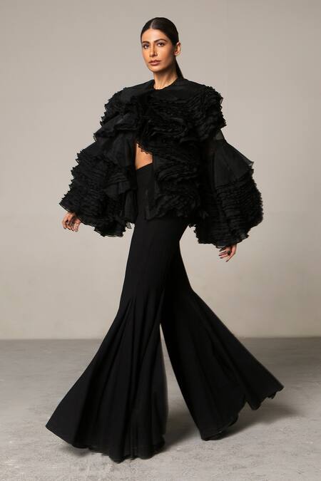 Siddartha Tytler_Black Organza Round Ruffle Jacket _Online_at_Aza_Fashions