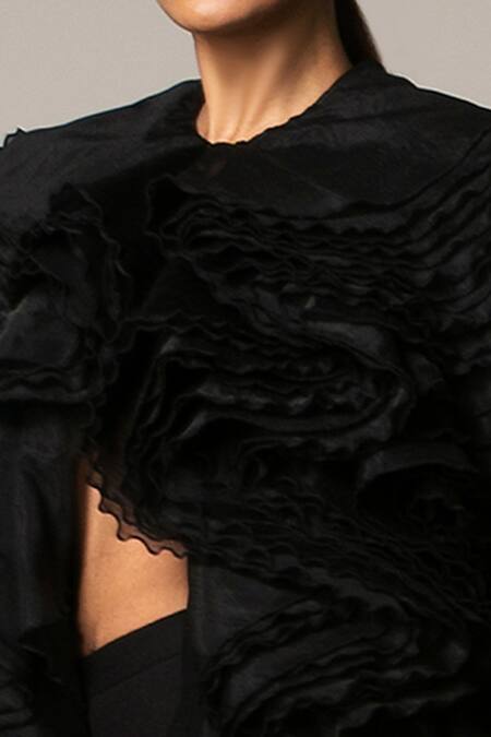 Buy_Siddartha Tytler_Black Organza Round Ruffle Jacket _Online_at_Aza_Fashions