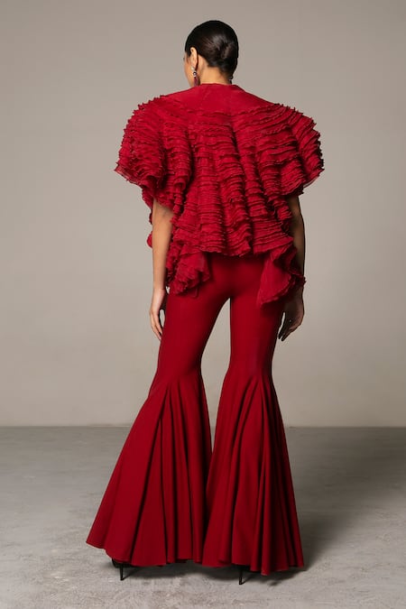Shop Siddartha Tytler Maroon Organza Round Ruffle Jacket at Aza Fashions Shop_Siddartha Tytler_Maroon Organza Round Ruffle Jacket _at_Aza_Fashions