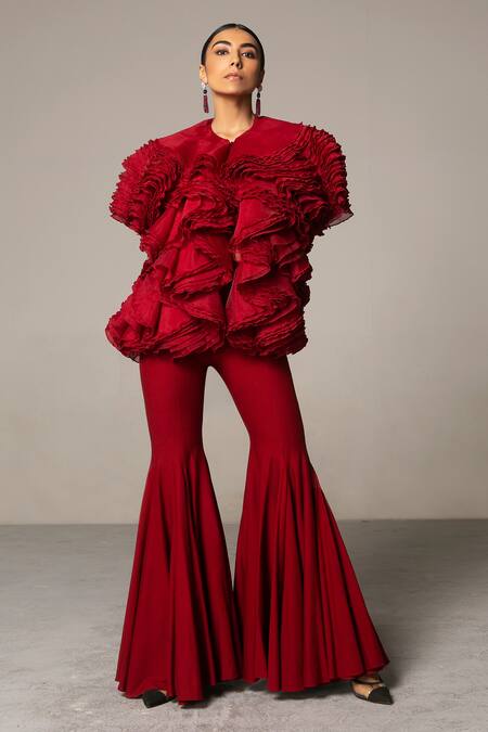 Siddartha Tytler Maroon Organza Round Ruffle Jacket Online at Aza Fashions Siddartha Tytler_Maroon Organza Round Ruffle Jacket _Online_at_Aza_Fashions