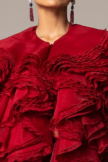 Buy Siddartha Tytler Maroon Organza Round Ruffle Jacket Online at Aza Fashions Buy_Siddartha Tytler_Maroon Organza Round Ruffle Jacket _Online_at_Aza_Fashions