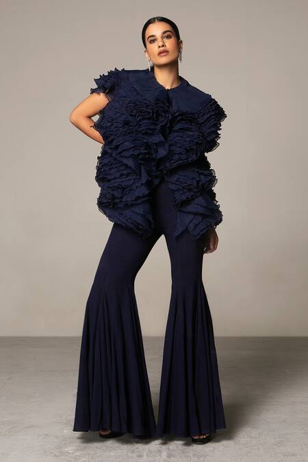 Siddartha Tytler_Blue Organza Round Ruffle Jacket _Online_at_Aza_Fashions