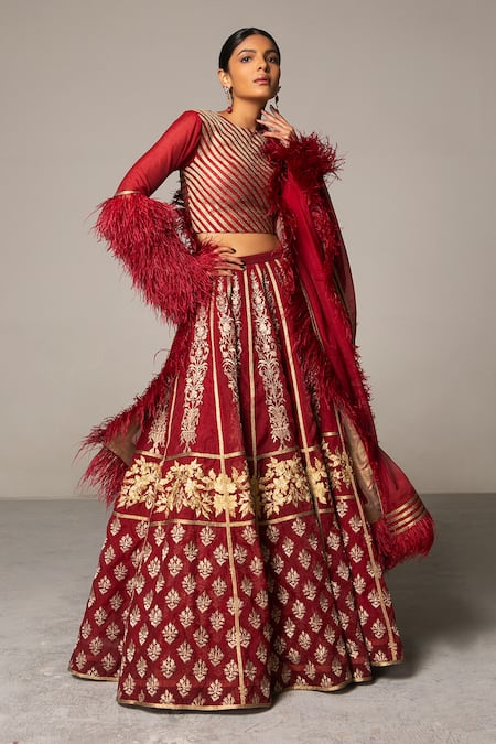 Siddartha Tytler Maroon Organza Embroidered Lehenga Set