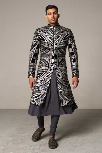 Siddartha Tytler_Grey Sherwani Velvet Kurta And Churidar Lycra Twill Cotton & Set _Online_at_Aza_Fashions