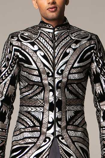 Buy_Siddartha Tytler_Grey Sherwani Velvet Kurta And Churidar Lycra Twill Cotton & Set _Online_at_Aza_Fashions