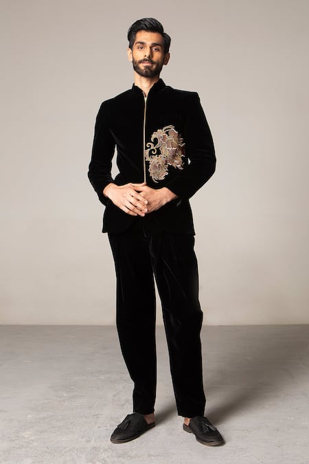 Siddartha Tytler_Black Velvet Bandhgala And Pant Set _Online_at_Aza_Fashions