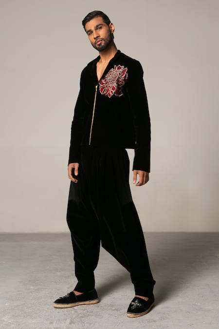 Siddartha Tytler Black Velvet Floral Embroidered Jacket Online at Aza Fashions Siddartha Tytler_Black Velvet Floral Embroidered Jacket _Online_at_Aza_Fashions