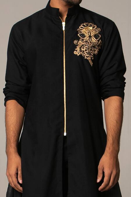 Siddartha Tytler_Black Organza, Handloom , Lycra Twill Asymmetric Kurta And Pant Set _Online_at_Aza_Fashions