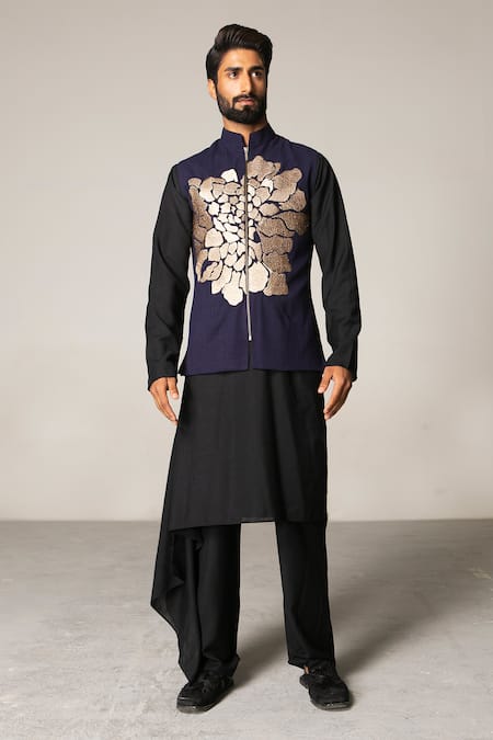 Siddartha Tytler_Blue Bundi Lycra Twill Cotton Kurta And Pant Handloom Embroidered & Set _Online_at_Aza_Fashions