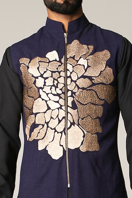 Buy_Siddartha Tytler_Blue Bundi Lycra Twill Cotton Kurta And Pant Handloom Embroidered & Set _Online_at_Aza_Fashions