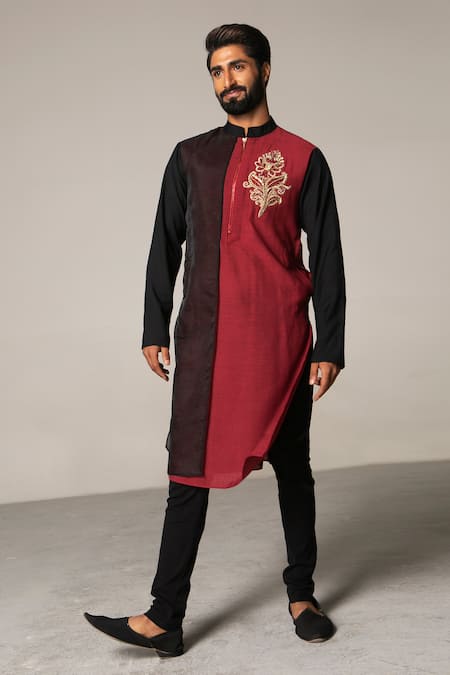 Siddartha Tytler_Maroon Organza, Handloom , Lycra Twill Layered Kurta Set _Online_at_Aza_Fashions
