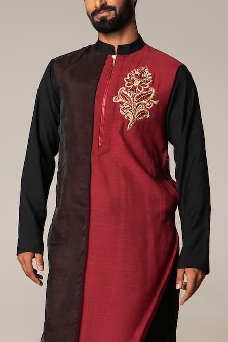 Buy_Siddartha Tytler_Maroon Organza, Handloom , Lycra Twill Layered Kurta Set _Online_at_Aza_Fashions