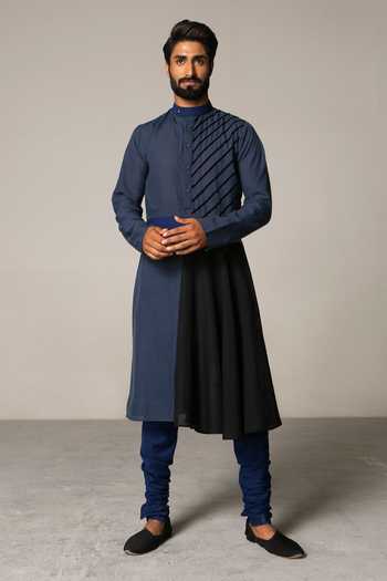 Siddartha Tytler_Grey Organza, Handloom , Lycra Twill Panelled Kurta Set _Online_at_Aza_Fashions
