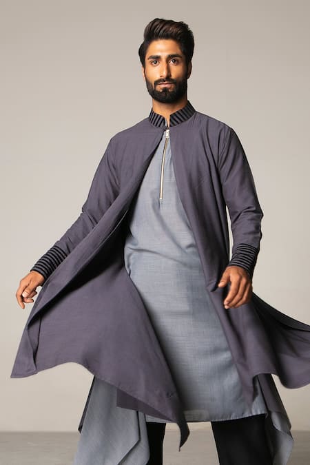 Siddartha Tytler Grey Lycra Twill Cotton Draped Jacket And Kurta Set 