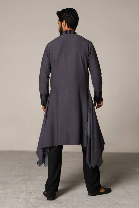 Shop_Siddartha Tytler_Grey Organza, Handloom , Lycra Twill Draped Jacket And Kurta Set_at_Aza_Fashions