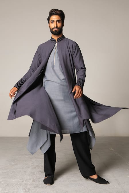 Siddartha Tytler_Grey Organza, Handloom , Lycra Twill Draped Jacket And Kurta Set_Online_at_Aza_Fashions