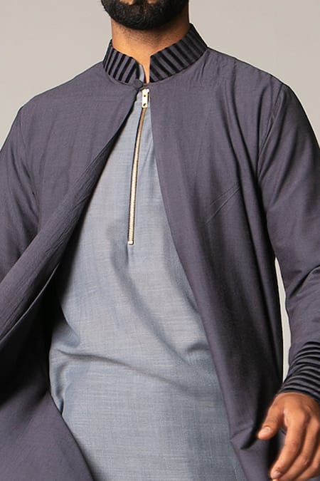 Buy_Siddartha Tytler_Grey Organza, Handloom , Lycra Twill Draped Jacket And Kurta Set_Online_at_Aza_Fashions