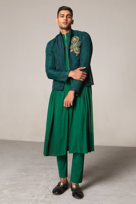 Siddartha Tytler_Green Jacket Organza Kurta And Pant Lycra Twill Cotton & Anarkali Set_Online_at_Aza_Fashions
