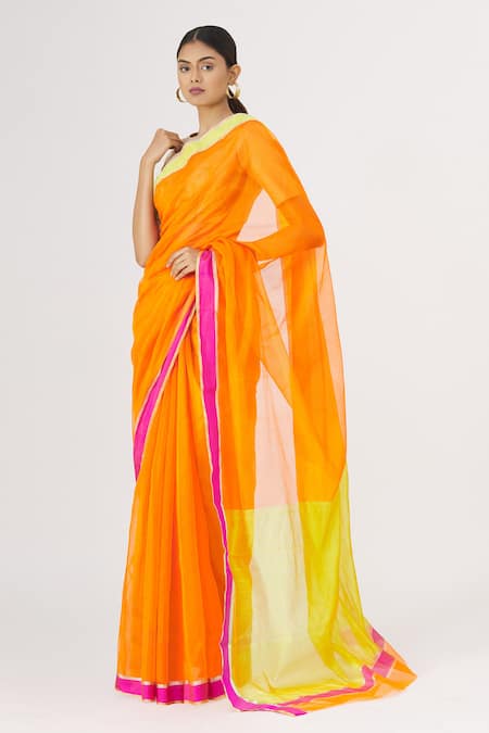 Mint N Oranges_Orange Pure Chanderi Saree_Online_at_Aza_Fashions
