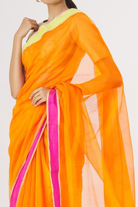 Shop_Mint N Oranges_Orange Pure Chanderi Saree_Online_at_Aza_Fashions