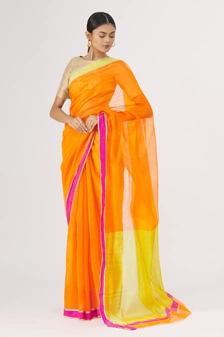 Buy_Mint N Oranges_Orange Pure Chanderi Saree_Online_at_Aza_Fashions