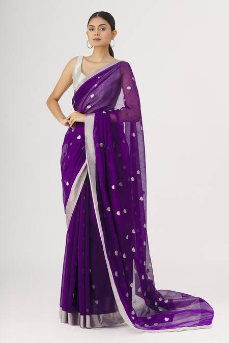 Mint N Oranges_Purple Pure Chanderi Saree _Online_at_Aza_Fashions