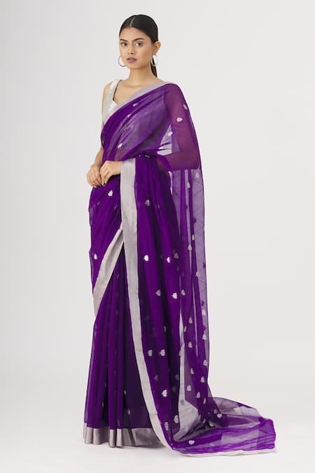 Shop_Mint N Oranges_Purple Pure Chanderi Saree _Online_at_Aza_Fashions