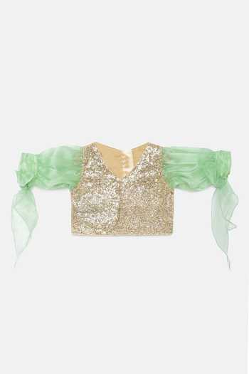 Tutus By Tutu_Green Organza, Satin, Crepe Tassels, Sequins Layered Lehenga Set_Online_at_Aza_Fashions