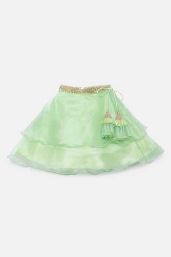 Shop_Tutus By Tutu_Green Organza, Satin, Crepe Tassels, Sequins Layered Lehenga Set_Online_at_Aza_Fashions