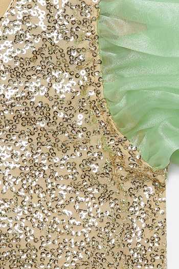 Tutus By Tutu_Green Organza, Satin, Crepe Tassels, Sequins Layered Lehenga Set_at_Aza_Fashions