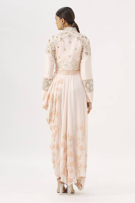 Shop Garo Pink High Neck Embroidered Draped Gown With Jacket at Aza Fashions Shop_Garo_Pink High Neck Embroidered Draped Gown With Jacket_at_Aza_Fashions