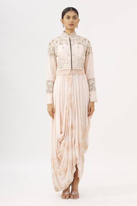 Garo Pink High Neck Embroidered Draped Gown With Jacket Online at Aza Fashions Garo_Pink High Neck Embroidered Draped Gown With Jacket_Online_at_Aza_Fashions