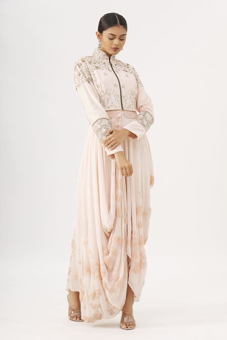 Buy Garo Pink High Neck Embroidered Draped Gown With Jacket Online at Aza Fashions Buy_Garo_Pink High Neck Embroidered Draped Gown With Jacket_Online_at_Aza_Fashions