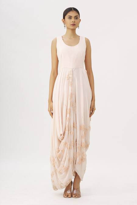 Shop Garo Pink High Neck Embroidered Draped Gown With Jacket Online at Aza Fashions Shop_Garo_Pink High Neck Embroidered Draped Gown With Jacket_Online_at_Aza_Fashions