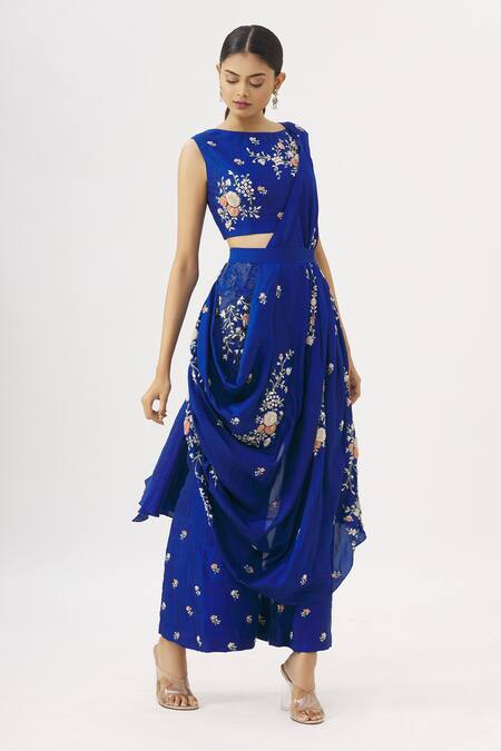 Buy_Garo_Blue Boat Embroidered Pre-draped Saree With Pant_Online_at_Aza_Fashions