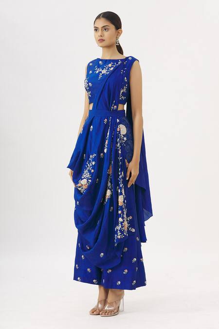 Shop_Garo_Blue Boat Embroidered Pre-draped Saree With Pant_Online_at_Aza_Fashions
