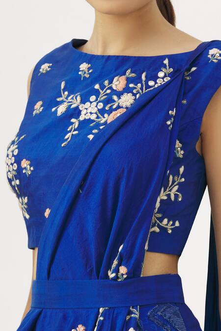 Garo_Blue Boat Embroidered Pre-draped Saree With Pant_at_Aza_Fashions