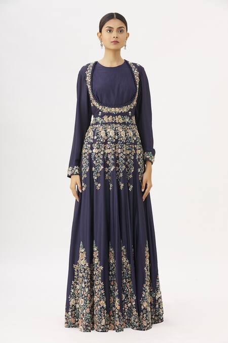 Garo_Blue Round Embroidered Anarkali With Dupatta_Online_at_Aza_Fashions