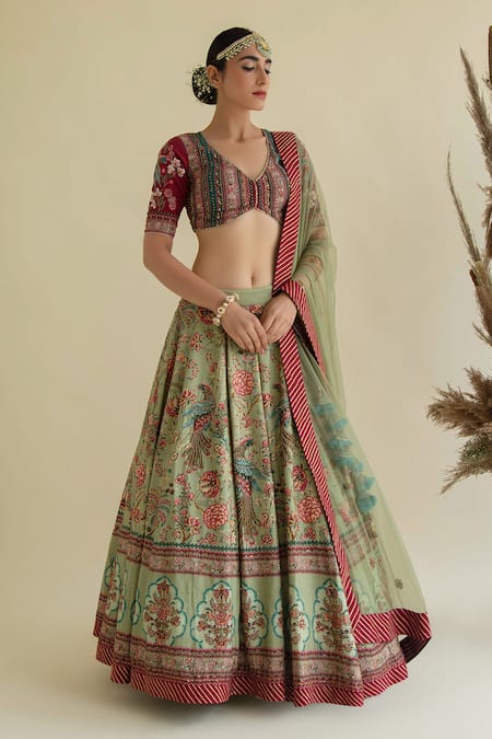 Kalista Green Dola Silk Viscose60% V Neck Hand Embroidered Lehenga Set 