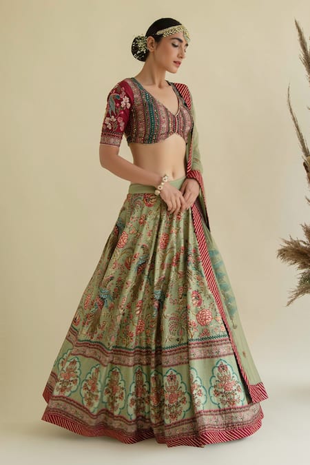 Kalista_Green Dola Silk Viscose60%, Silk40% V Neck Hand Embroidered Lehenga Set _Online_at_Aza_Fashions