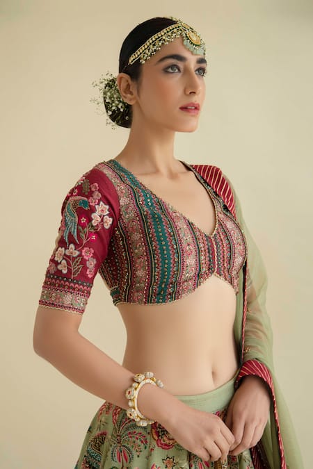 Buy_Kalista_Green Dola Silk Viscose60%, Silk40% V Neck Hand Embroidered Lehenga Set _Online_at_Aza_Fashions