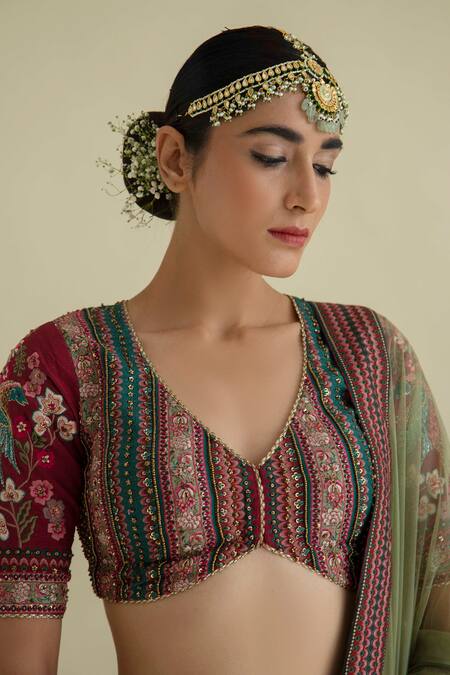 Shop_Kalista_Green Dola Silk Viscose60%, Silk40% V Neck Hand Embroidered Lehenga Set _Online_at_Aza_Fashions