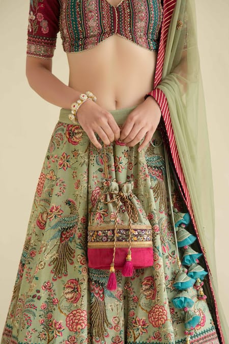 Kalista_Green Dola Silk Viscose60%, Silk40% V Neck Hand Embroidered Lehenga Set _at_Aza_Fashions