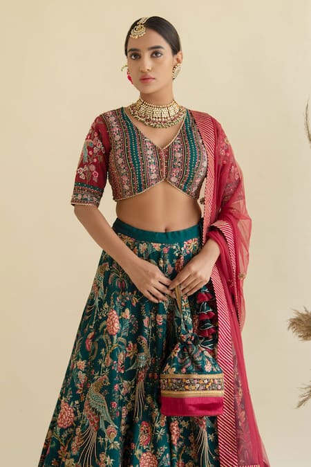 Kalista_Green Dola Silk Viscose60%, Silk40% V Neck Hand Embroidered Lehenga Set _Online_at_Aza_Fashions