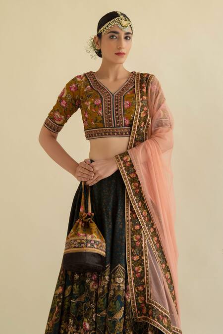 Kalista_Green Dola Silk Viscose60%, Silk40% V Neck Hand Embroidered Lehenga Set _Online_at_Aza_Fashions