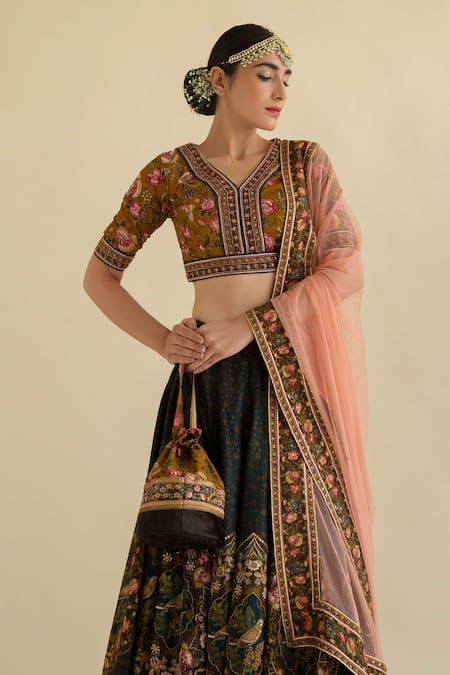 Buy_Kalista_Green Dola Silk Viscose60%, Silk40% V Neck Hand Embroidered Lehenga Set _Online_at_Aza_Fashions