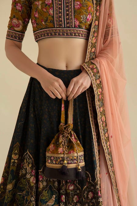 Kalista_Green Dola Silk Viscose60%, Silk40% V Neck Hand Embroidered Lehenga Set _at_Aza_Fashions