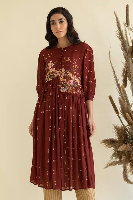 Kalista_Maroon Cotton Silk Round Floral Print Anarkali And Pant Set _Online_at_Aza_Fashions