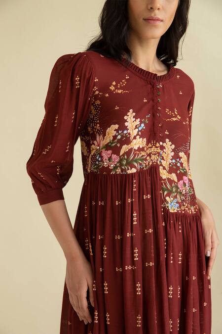 Buy_Kalista_Maroon Cotton Silk Round Floral Print Anarkali And Pant Set _Online_at_Aza_Fashions